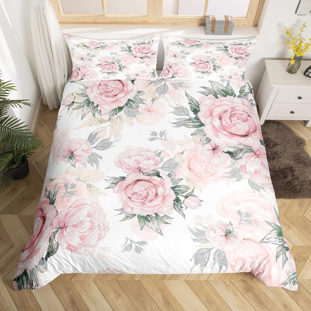 Vintage Flower King Full Queen Duvet Cover Retro Pink Floral Comforter Cover Rose Green Leaves Bedding Set Polyester Quilt Cover