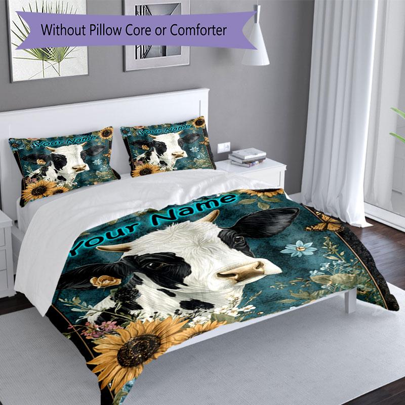 3pcs Custom Name Cow Portrait Flowers Bedding Set Printed Bedding Set Duvet Cover Closure Includes 1 Duvet Cover & 2 Pillowcases Bedroom Decor
