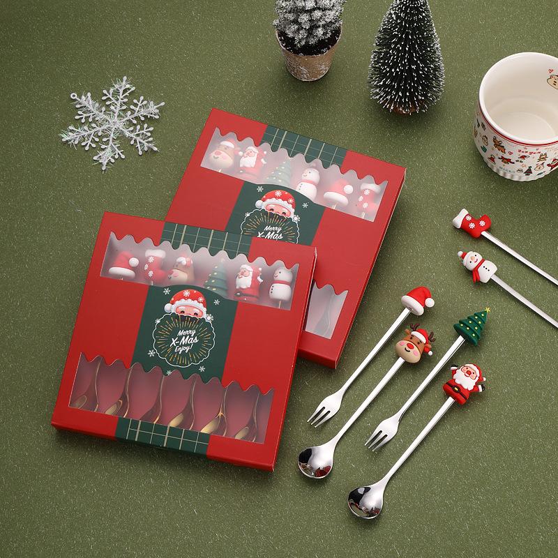 4/6PCS Christmas Gifts Stainless Steel Spoons Forks Set Decoration Glod Silver Elk Deer Dessert Coffee Spoon for Kids Gift Box