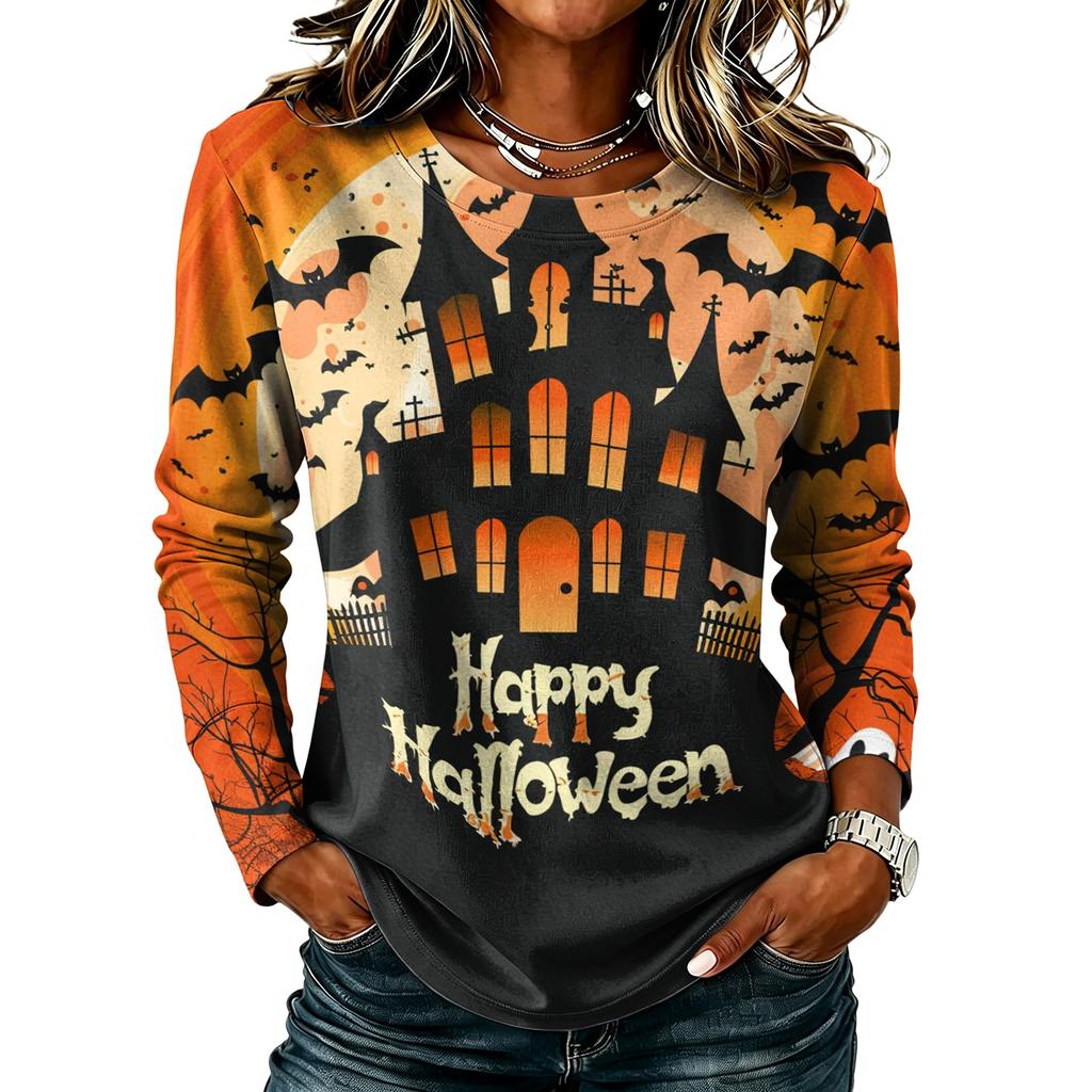 Women's Casual Long Sleeve Halloween Print T-Shirt Round Neck for Fall Parties
