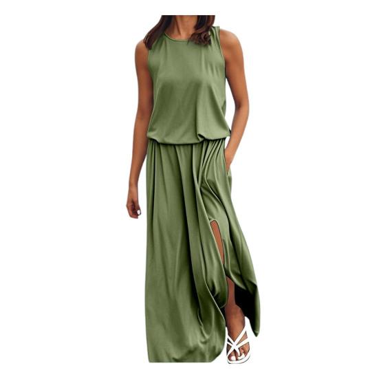 Women Beach Dress Round Neck Sleeveless Elastic High Waist Maxi Dress