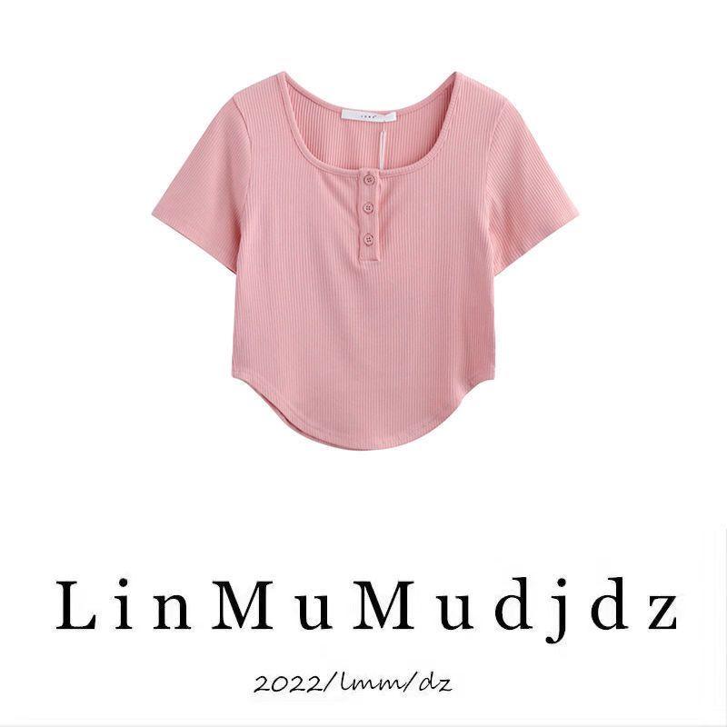 Super design Tlačítko Tričko s krátkým rukávem Šití Slim Fit Niche Asymetrické krátké