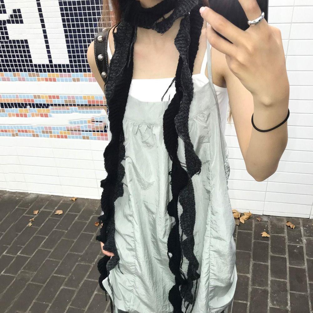 Solid Color Knitted Scarf Irregular Long Narrow Scarves All-match Ruffle Shawl  Streetwear