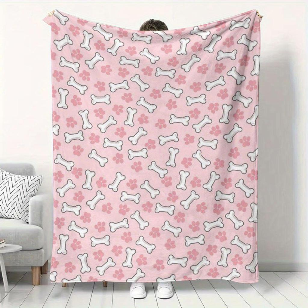 1pc Pink Bone Pattern Blanket, Made of Polyester, Machine Washable, Suitable for Home, Sofa, Camping and Other Occasions.