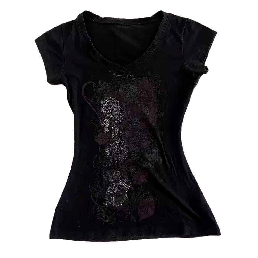 Retro Black Print T-shirt - 210g Pure Cotton, Slim Fit, Waist-Lined, Unique Design, Temperamental Style, 40s