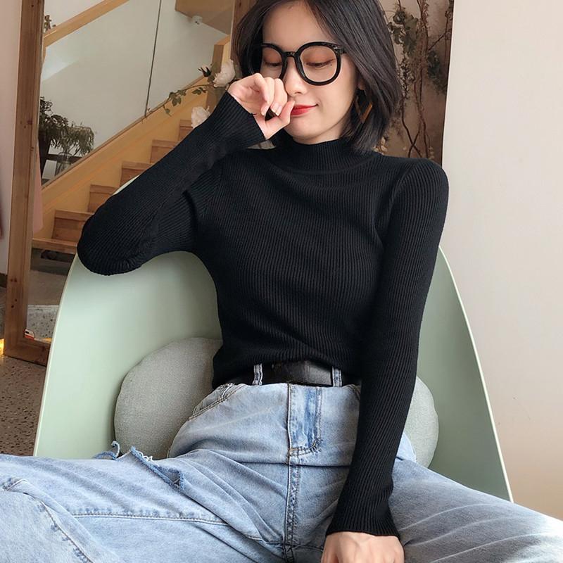 New Autumn Long Sleeve Base Knitted Sweater Women Winter Fashion Half High Collar Pullover Women Sweaters Vintage Slim Fit Solid Casual Knitwear 24970