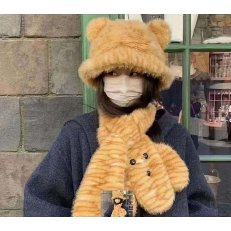 

Зимняя плюшевая шапка с милыми медвежьими ушками, плюшевая шляпа-панама, женская защита шеи, холодный и теплый мультяшный шарф для шеи one size