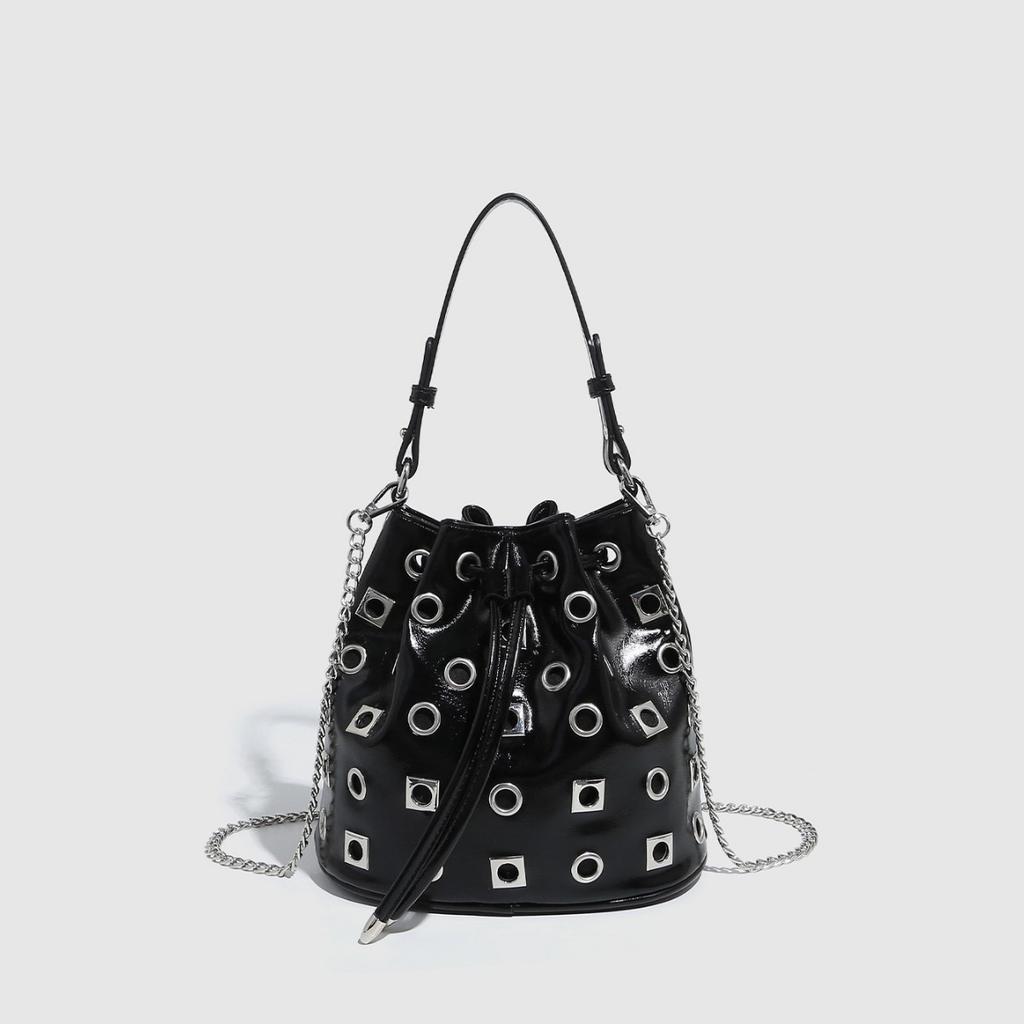 Small Bag Rivet Drawstring Bucket Bag Women Design Rivet Hollow Handbag Punk Style Hollow Shoulder Messenger Chain Women's Bag