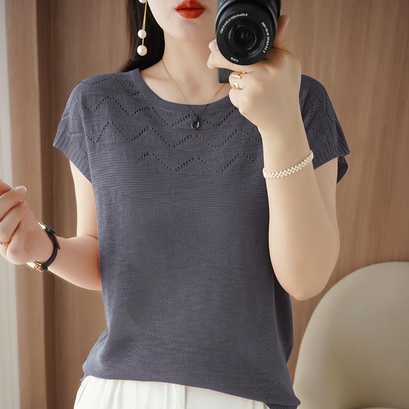 

Жіноча літня футболка з коротким рукавом 50% шовку та поліестеру | Легкий дихаючий приталений повсякденний топ L темно-сірий