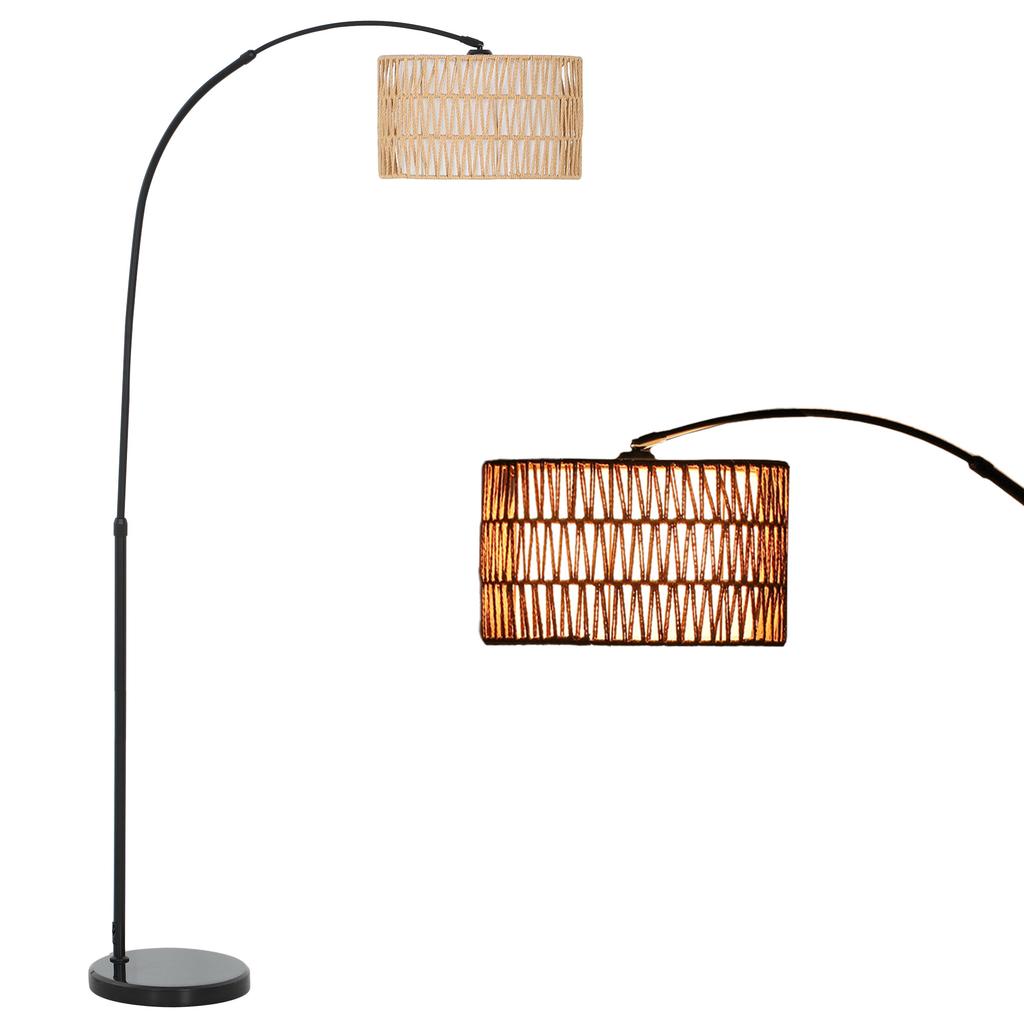 Rattan Floor Lamp for Living Room, Farmhouse Arc Standing Lamp with Dual-Layer Shade & Foot Switch