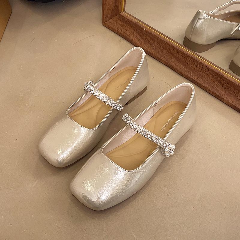 Summer single shoes 2025 new square head shallow mouth rhinestone one-word diamond belt silver low heel flat shoes Mary Jane shoes