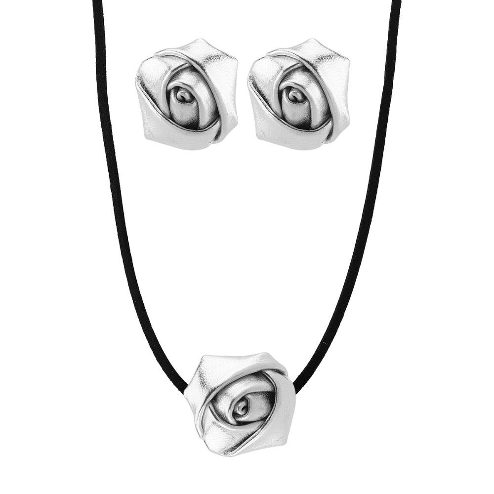 Retro Style Rose Flower Necklace PU Leather Flower Stud Earrings Adjustable Rope Choker  Women
