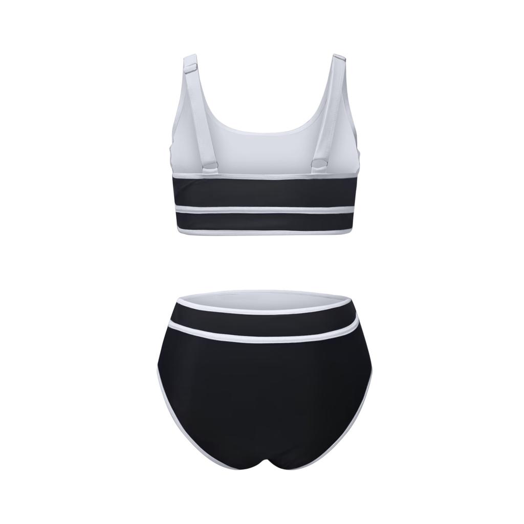 Damen High Waist Bikini-Sets Sportliche Rundhals Zweiteilige Badeanzüge Color Block Hoher Beinausschnitt Badesets