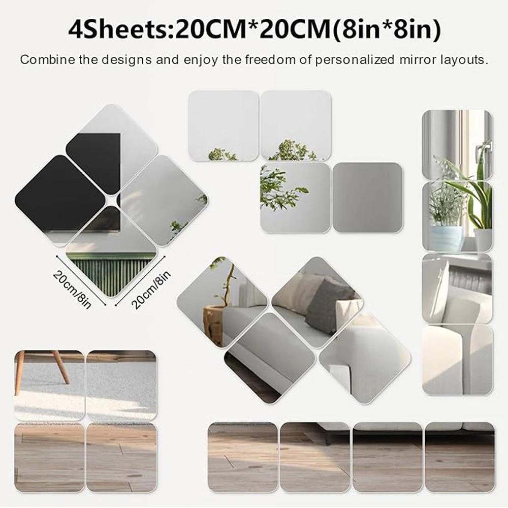2/4pcs 2mm Thicken 3D Square Mirror Wall Stickers Flexible DIY Acrylic Decorative Mirror With Adhesive Living Room Home Decor