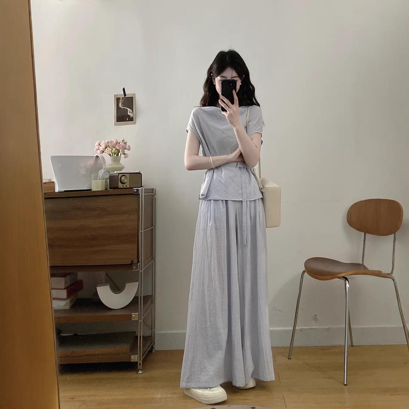 

Summer 2026 Minimalist Cropped Top & Belted Waist with Flutter Sleeves + Wide-Leg Floor-Length Pants Set L