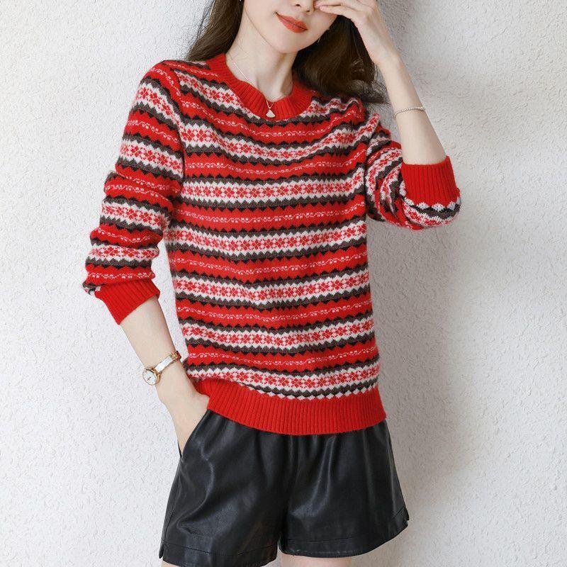 Korean Fashion Autumn Winner Sweaters New Women's O-Neck Striped Jacquard Weave casual Long Sleeve Loose Pullovers Knitted Tops