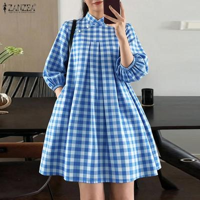 Women Casual Stand Collar 3/4 Sleeve Grid Print A-line Dress