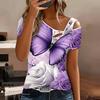 Women Butterfly Print Cold Shoulder Short Sleeve T Shirt Irregular Cutout Neck Casual Summer Blouse Top