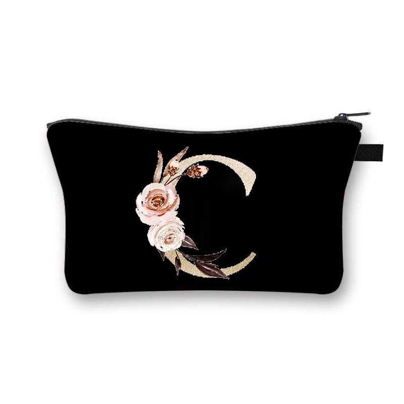 Vintage Golden Flower Alphabet Travel Cosmetic Bag Waterproof Toiletry Organize Pouch for Women