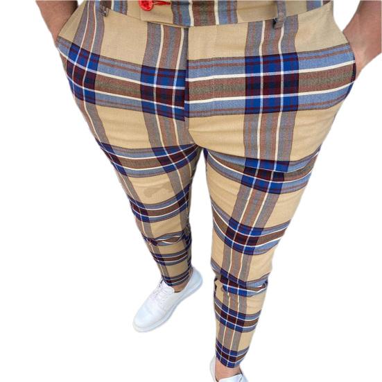 Men Pants Plaid Slim Spring Autumn Mid-rise Checkered Pattern Pencil Pants for Daily Wear