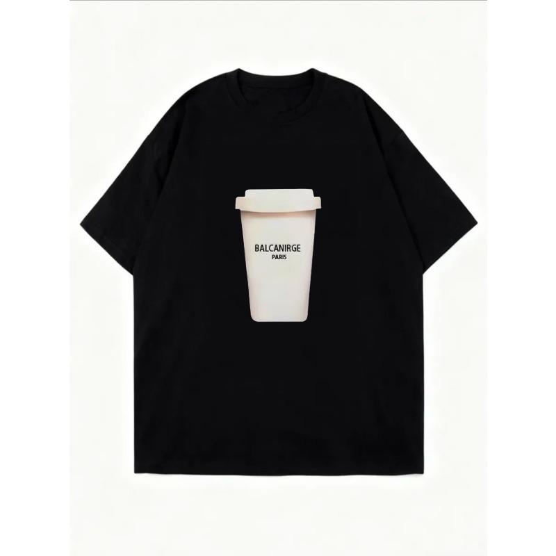 White Oversized T Shirt With Coffee Cup Print And Balcanirge Paris Text For Casual Wear