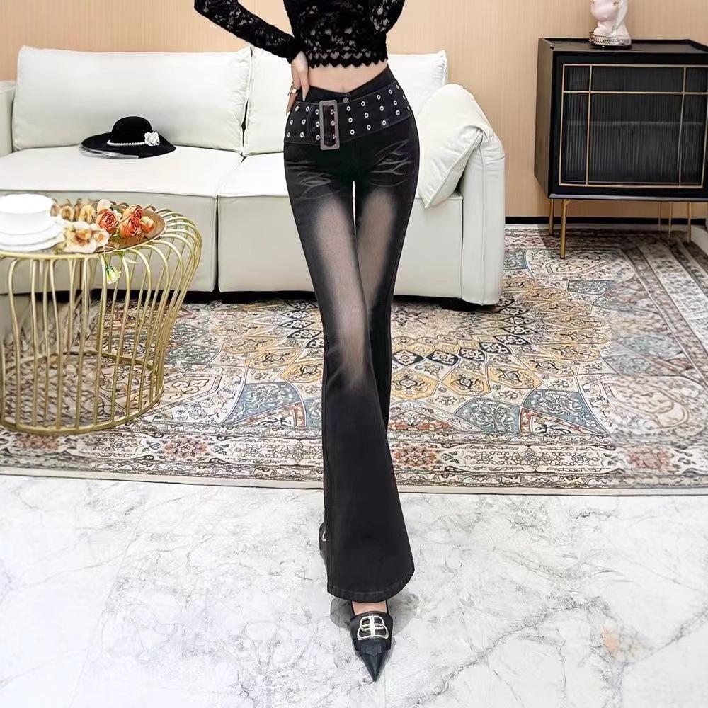 Women's Slimming Retro Flare Jeans with Wide Waistband – Versatile Floor-Length Horseshoe Pants for Spring and Autumn