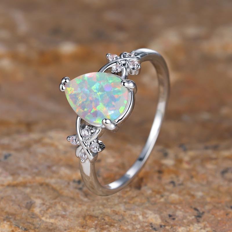 White Opal, water drop edge flower white diamond ring, niche retro micro-inlaid zircon simple and versatile jewelry no. 6