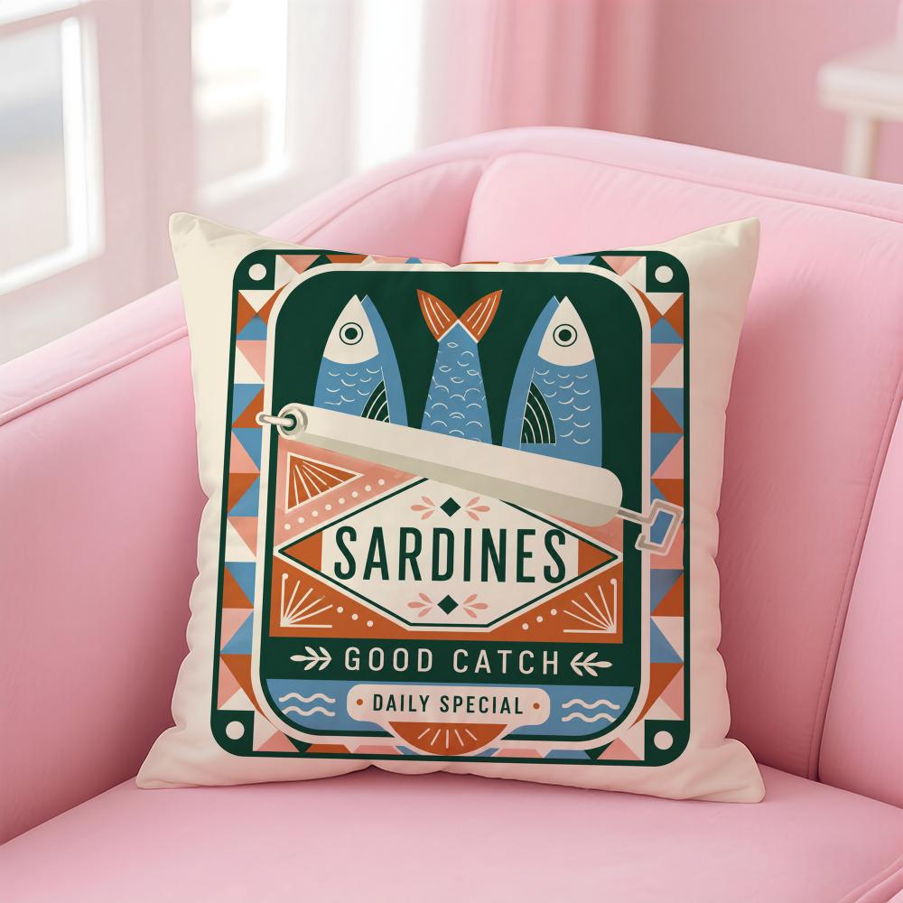 Cushion Cover Sardines in A Tin with Striped Short Plush Soft DoubleSided Printing Pillow Case Cozy Sofa Bedroom Home Decor