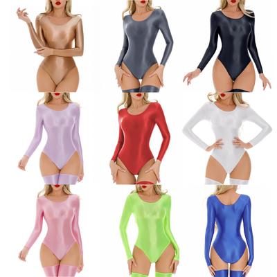 Body Lucios Elastic cu Mânecă Lungă și Decolteu Rotund pentru Femei Lenjerie de Noapte Îmbrăcăminte pentru Fitness Club