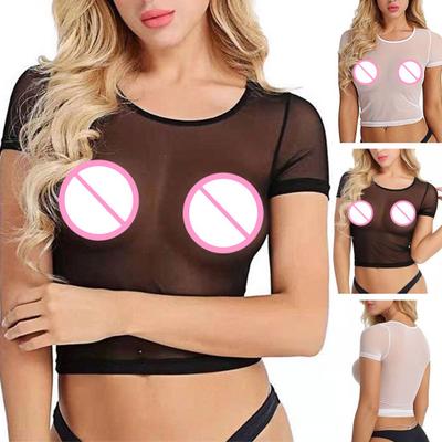 Ženy Crop Top Průhledný tenký síťovaný kulatý výstřih Krátké rukávy Sexy oblečení Svůdné Top Ložnice Top Noční klub Party Stripper Top