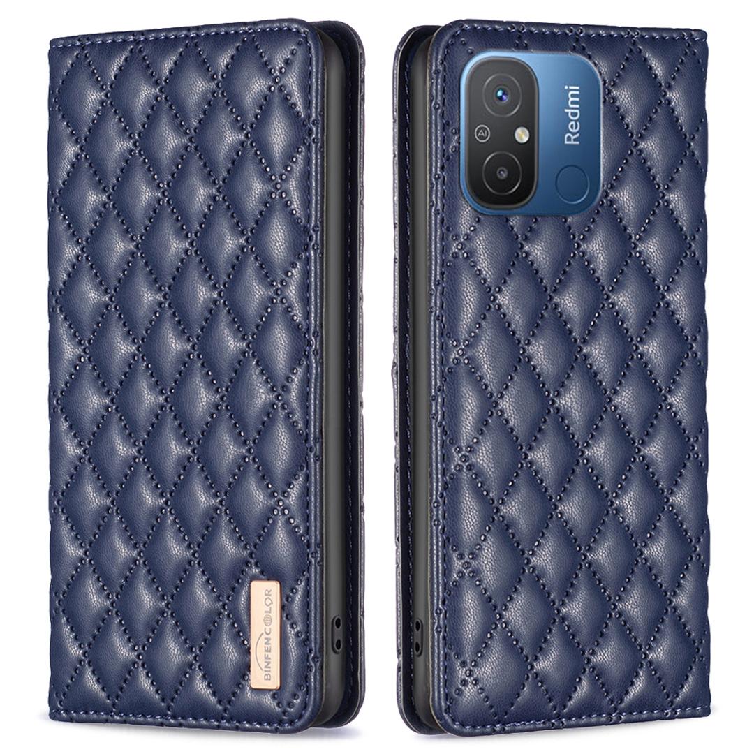 

BINFEN COLOR BF Style-16 For Xiaomi Redmi 12C 4G Imprinted Rhombus PU Leather Case Card Holder Magnetic Absorption Phone Cover Blue