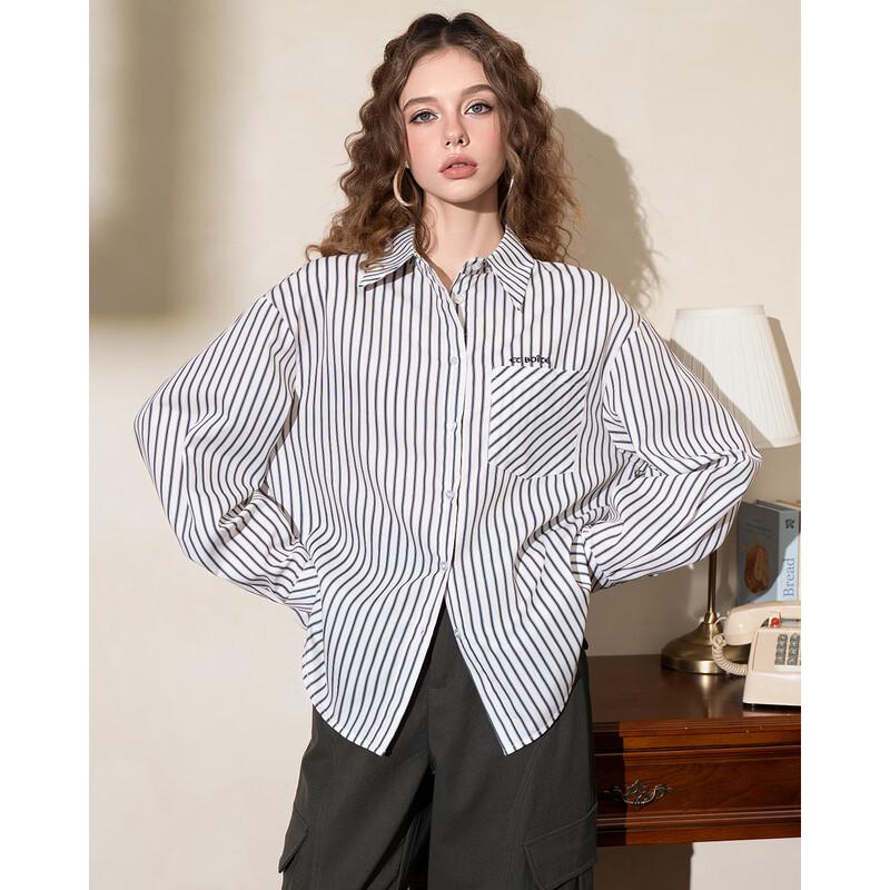 ET BOITE Women's Striped Oversized Embroidered Button-Down Shirt