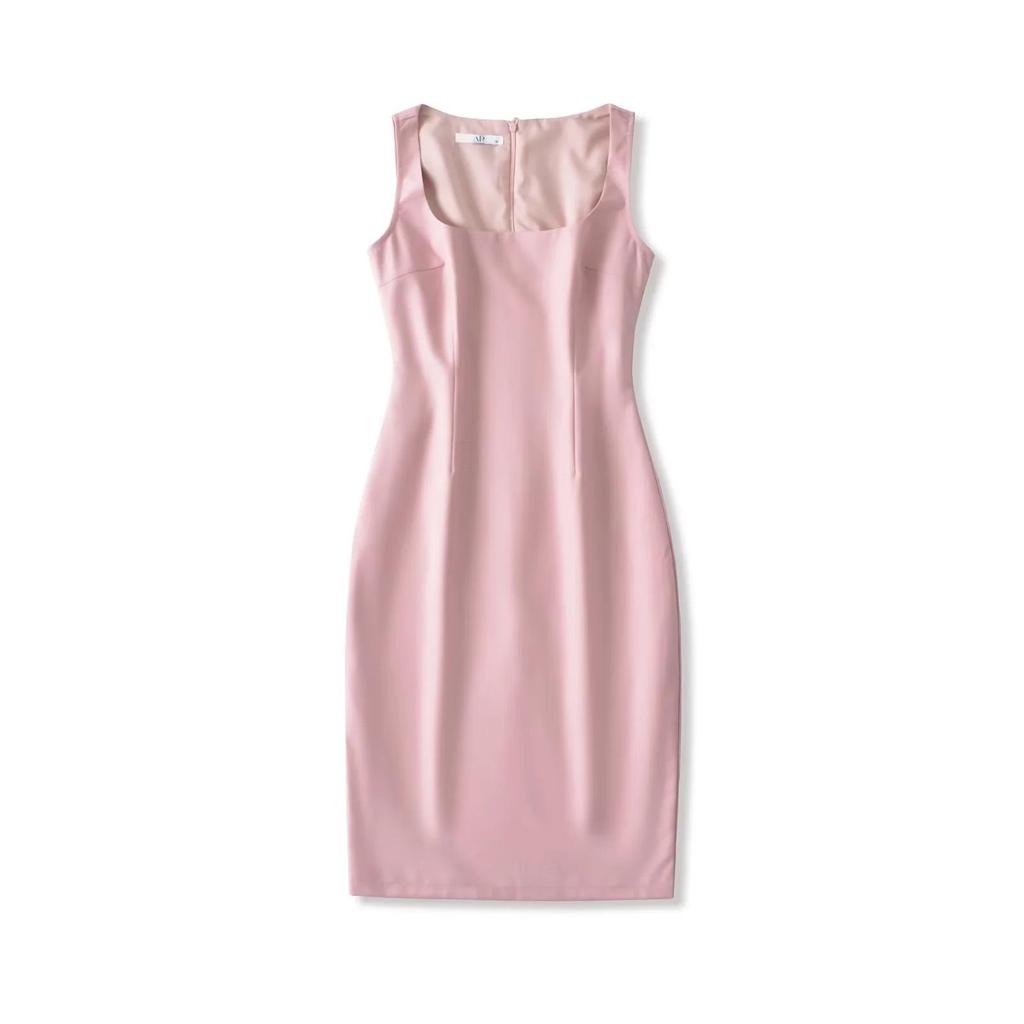 French Square Neck Sleeveless Summer Dress - High Waist Slim Bodycon with Slit