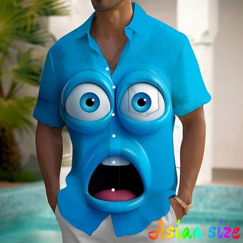 Camisas Hawaianas con Gráfico de Cara Sonriente Divertida Blusas de Manga Corta con Estampado 3D de Anime Blusa con Cuello para Fiesta de Vacaciones Verano