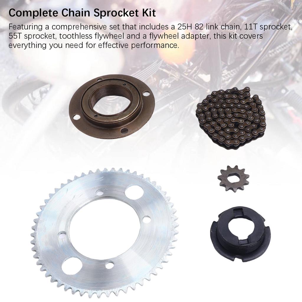 25H 82 Links Chain 25H 10mm Hole 11T Sprocket 55T4 Hole Sprocket Flywheel Adapter Set for Motorcycles ATVs