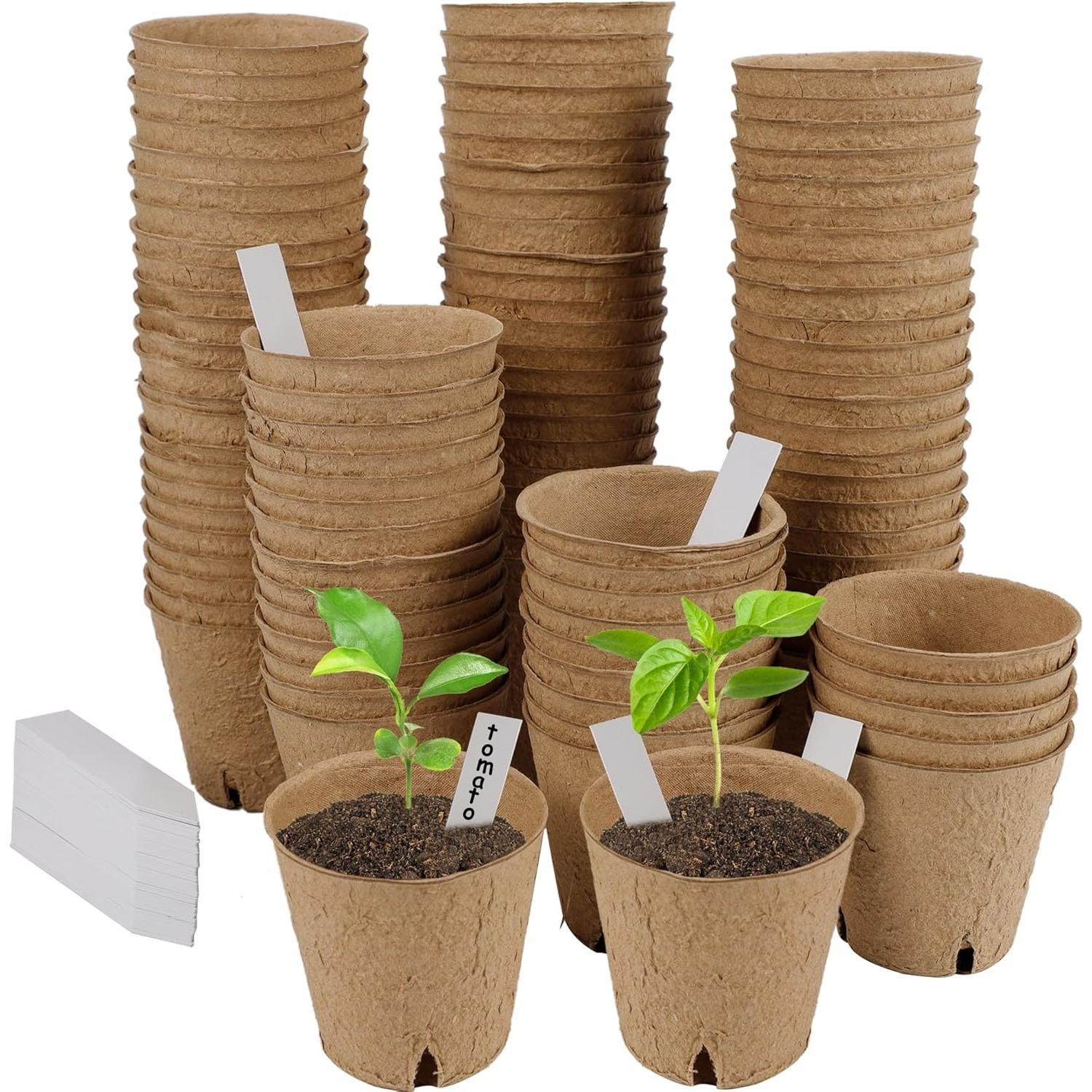 

100 Pack Seed Starter Tray Kit, Biodegradable Peat Pots for Seedling with 100 Plant Labels, Plant Garden Germination Tray for Flower Vegetables Z100