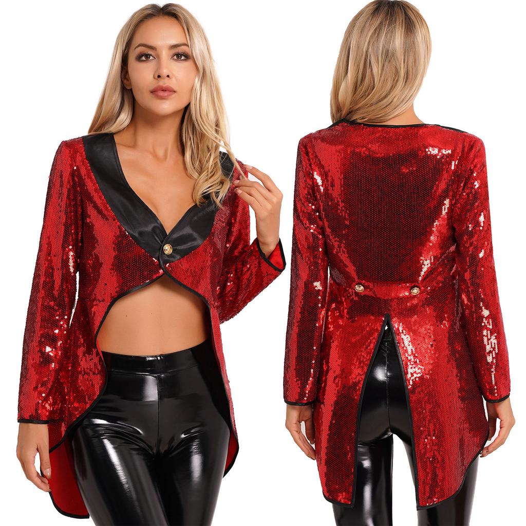 Womens Halloween Magician Dress Suit Circus Tailcoat Jacket Sparkle Sequin Blazers Tuxedo Outerwear Dress Up Costumes