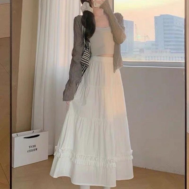 Dámská vrstvená dřevěná krajková midi sukně - Jarní/letní áčkový střih s všestranným elastickým pasem