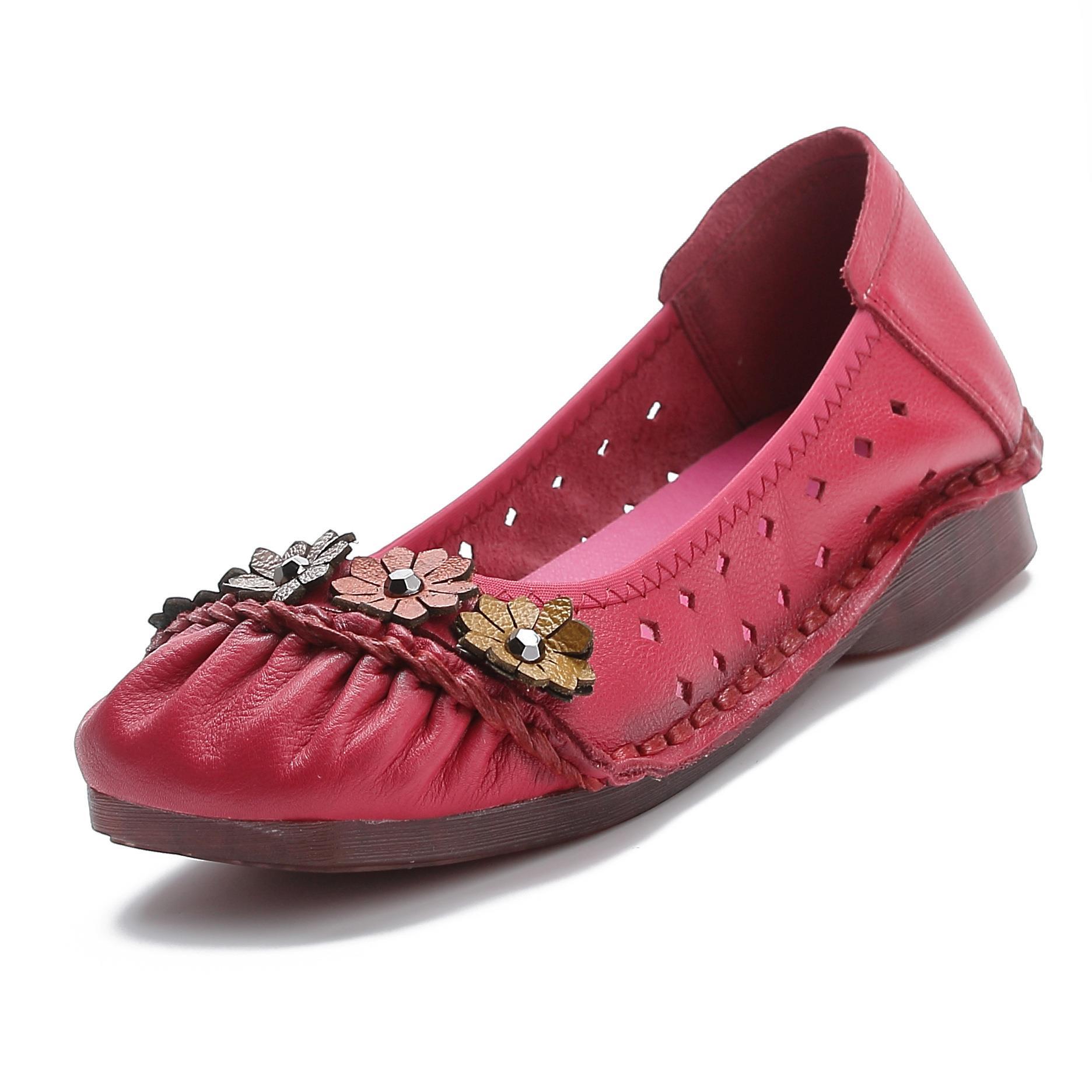 

Большие размеры 42. Квадратный носок, ретро-цветочные туфли на плоской подошве, женские мокасины с вырезами и вырезами из натуральной кожи, дышащие женские мокасины. 4.5 розы красного