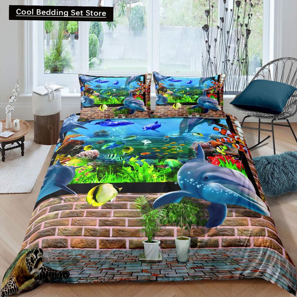 Kid Underwater World Oasis King Queen Duvet Cover Ocean Fish Coral Bedding Set Marine Life Quilt Cover Polyester Comforter Cover