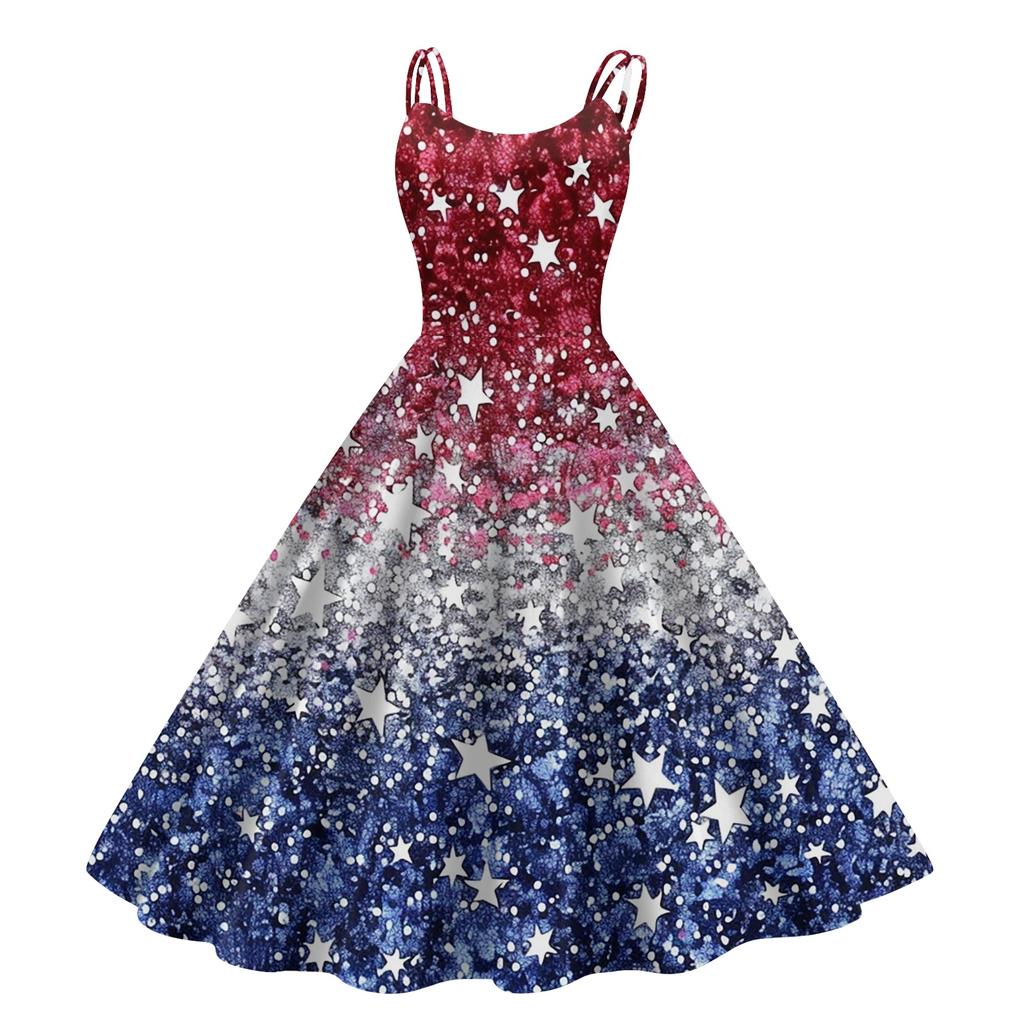 Sleeveless Dress with Star Pattern and Adjustable Spaghetti Straps for Women Summer Casual Wear