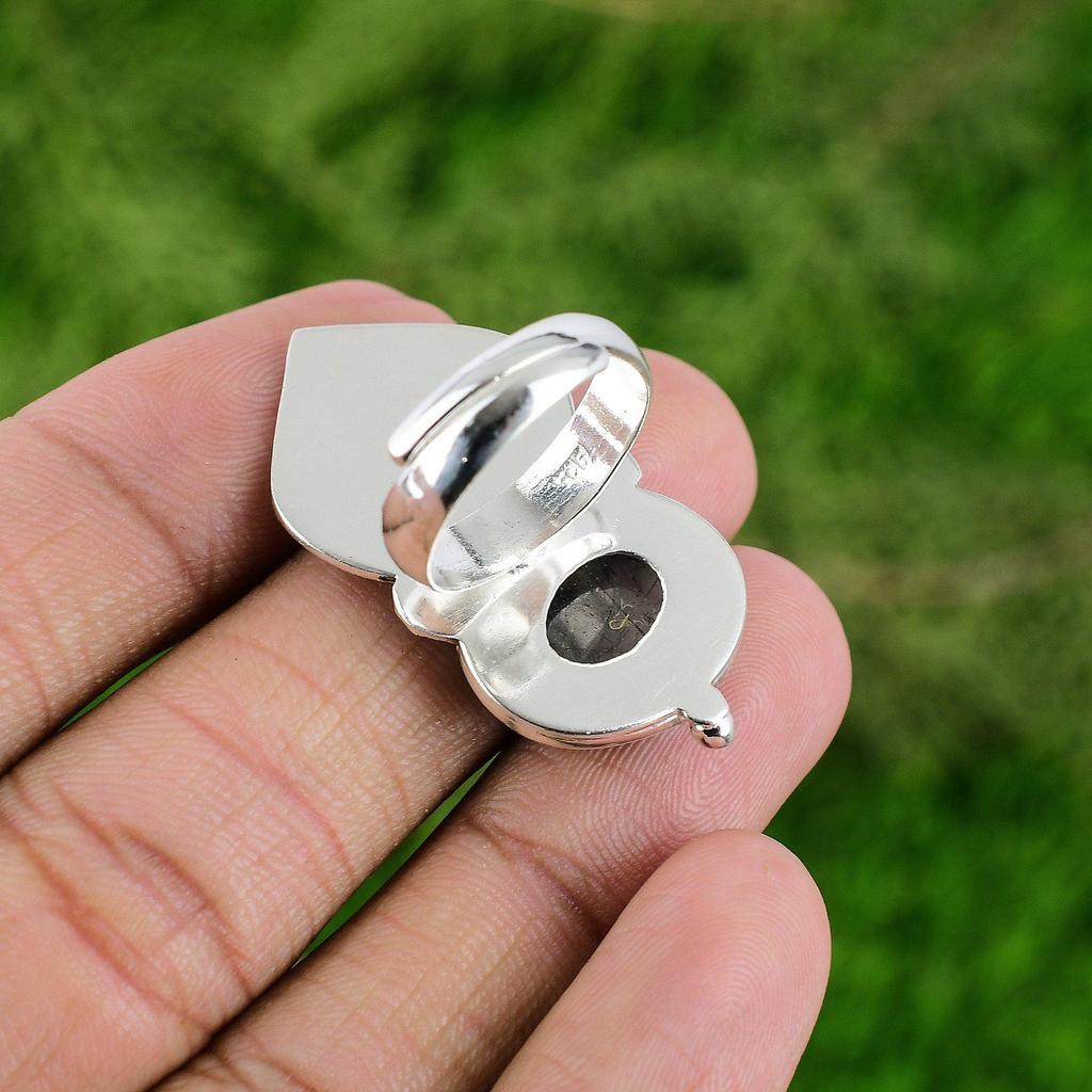 925 Sterling Silver Black Rutilated Quartz Stone Solitaire Bird New Ring Jewelry