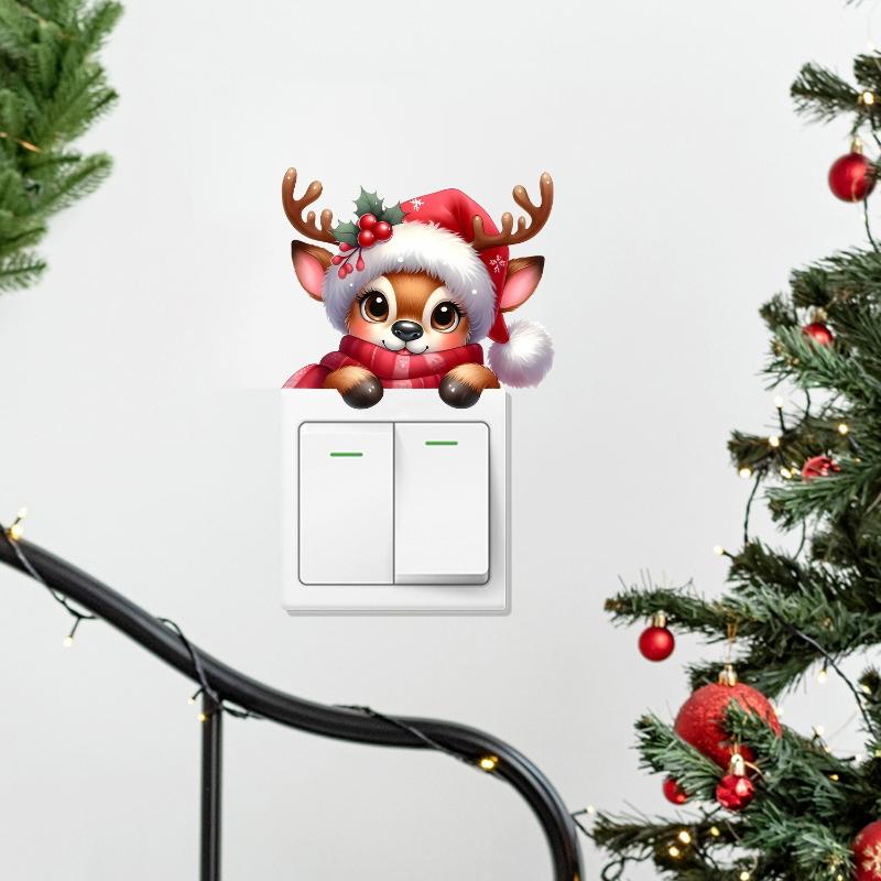 Santa Claus Deer Spirit Wall Decal Christmas Switch Sticker Festival Bedroom Living Room Home Decor Self-adhesive New Year Decal