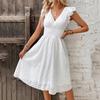 Women V Neck Eyelet Midi Dress With Ruffle Sleeves Shirred Waist Sleeveless Summer Casual A Line Dress For Daily Wear And Travel Outfits