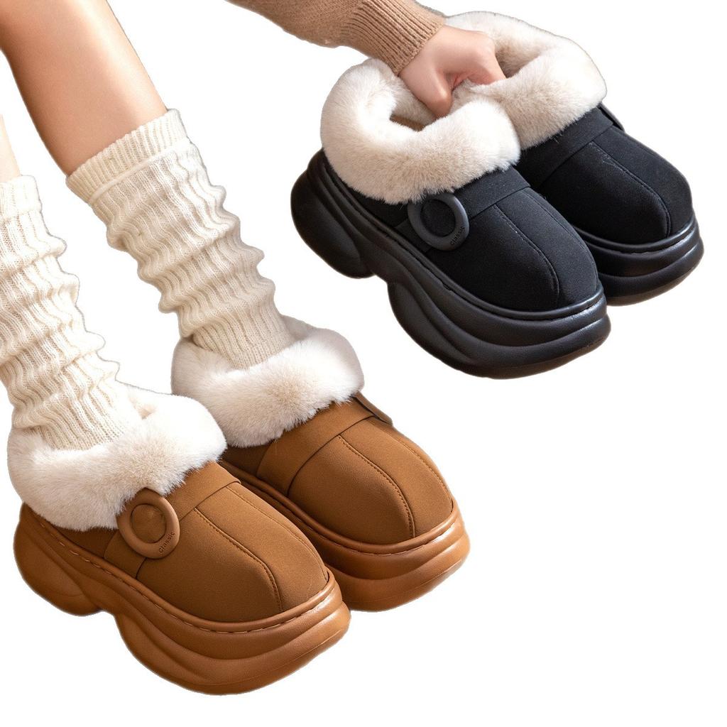 High-heeled thick-soled cotton slippers women's simple plush slippers autumn and winter warm and non-slip