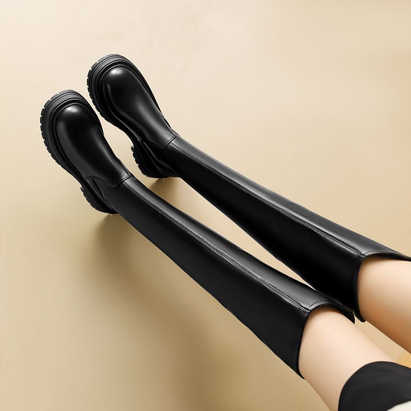 Krazing Pot Microfiber Autumn Winter Shoes Med Heels Flat Platform Size 42 Over-the-knee Boots Slip On Punk Style Elastic Thigh High Boots
