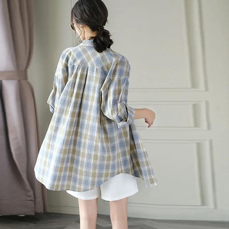 Cotton Plaid Shirt Women's Spring and Autumn Thin Sunscreen Clothing Women's Long-sleeved Cardigan Mid-length Top