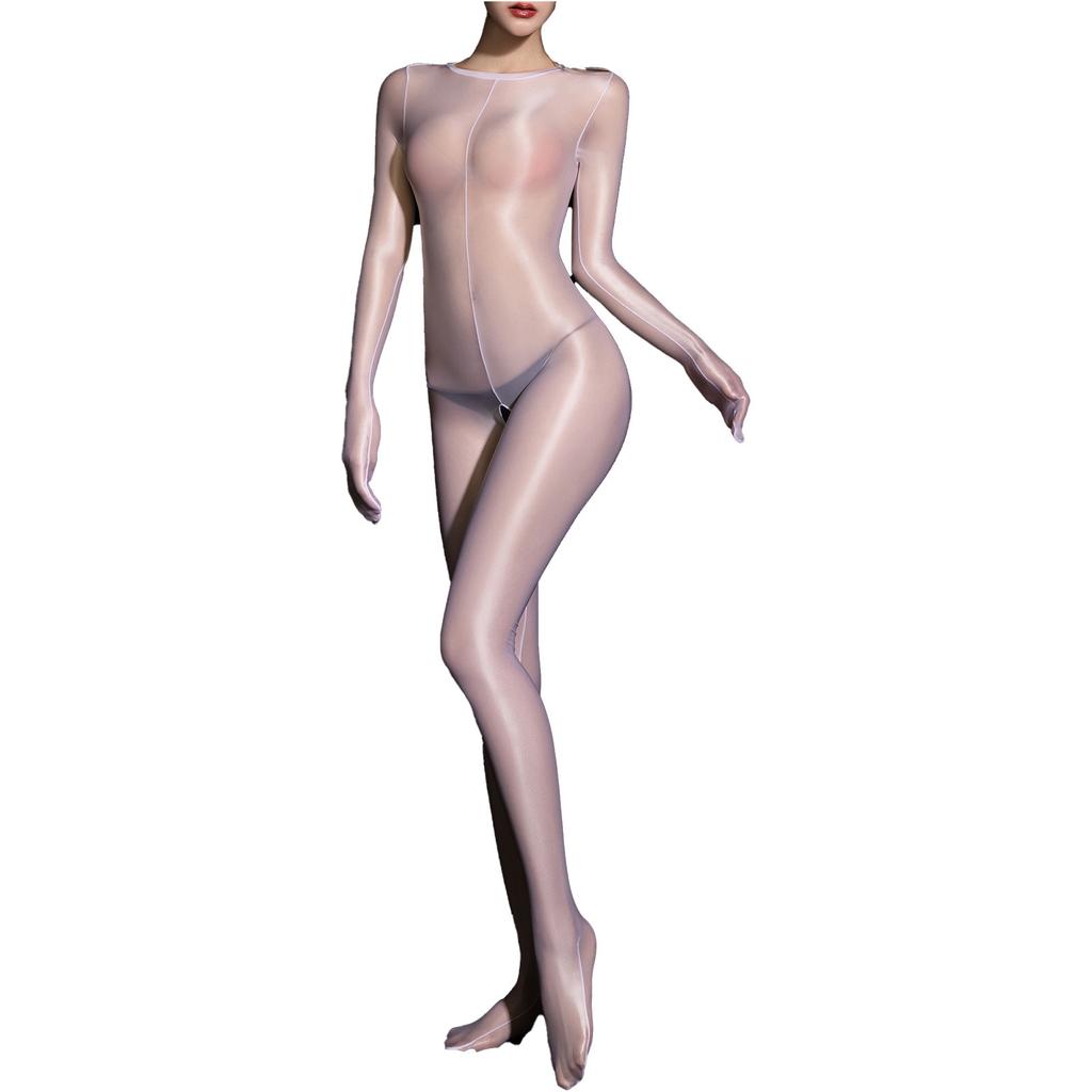 Women's Glossy Bodystocking Long Sleeve Bodysuit Sheer Jumpsuits Bodycon Bodystocking
