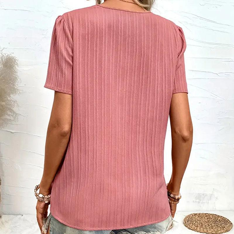 Ladies V-Neck Jacquard Bubble Sleeve Lace Short Sleeve Solid Colour Shirt