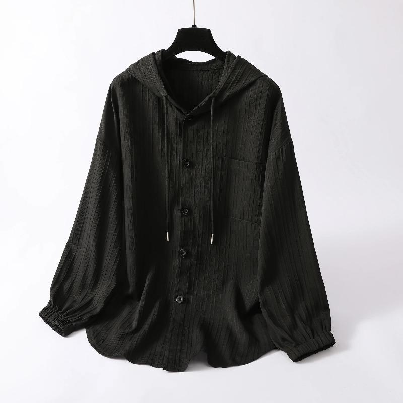Long Sleeve Lightweight Loose Women Shirt Hooded Sun Protection Versatile Blouse Spring Autumn Retro Casual Solid Shirt